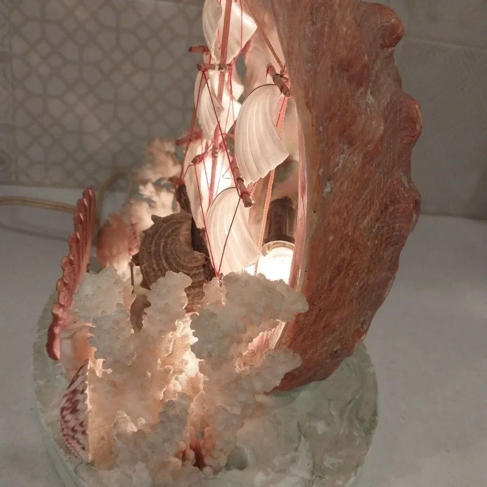 Vintage Abalone Shell Sailboat Lamp Handmade Nautical Coastal Coral Light Decor